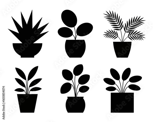 Collection of six potted plant silhouettes isolated on white background