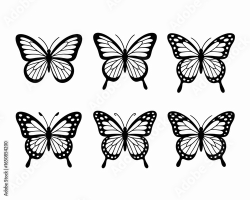 Collection of six detailed butterfly silhouettes isolated on white background