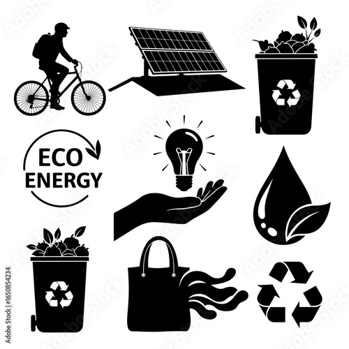 Black silhouette icons of eco friendly lifestyle and renewable energy eco energy solar panel