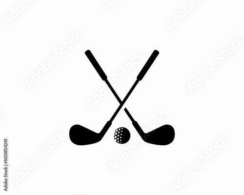Two crossed golf clubs and ball silhouette isolated on white background