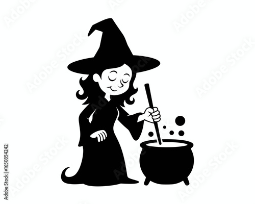 Cartoon witch stirring a cauldron silhouette isolated on white background