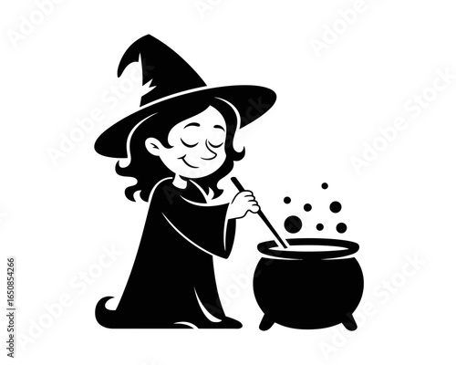 Cartoon witch stirring a cauldron with a wand isolated on white background silhouette