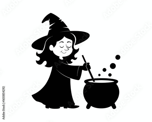 Cute witch stirring a cauldron silhouette isolated on white background