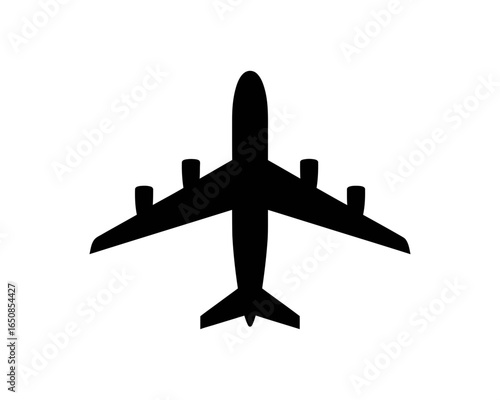 Black silhouette of a passenger jet airplane flying isolated on white background