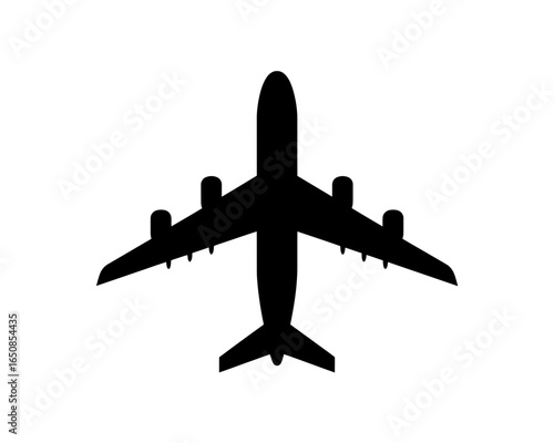 Top view silhouette of a commercial airplane isolated on white background