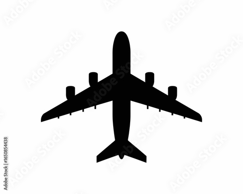 Top view silhouette of a large passenger airplane isolated on white background