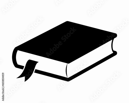 Black silhouette of a closed book with a ribbon bookmark isolated on white background