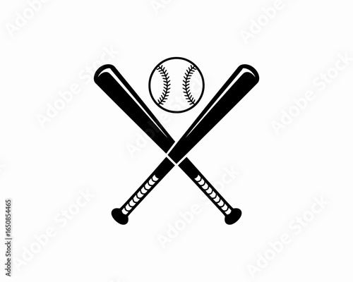 Two crossed baseball bats and ball silhouette isolated on white background