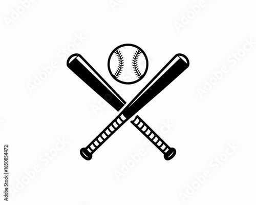 Classic baseball silhouette with crossed bats and ball isolated on white background