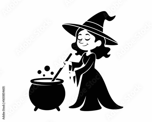 Cartoon witch stirring a potion in a cauldron silhouette isolated on white background
