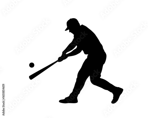 Baseball player in action swinging a bat at a ball silhouette isolated on white background