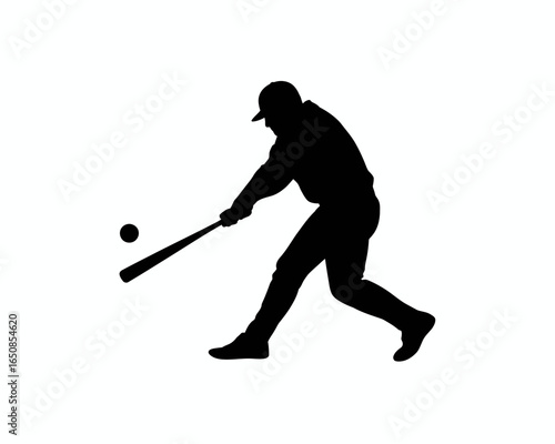 Baseball player swinging bat at ball silhouette isolated on white background