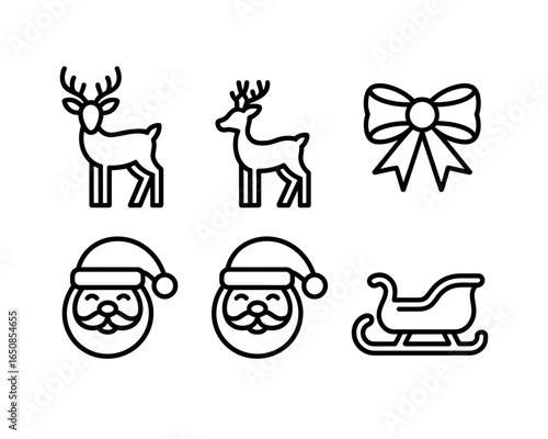 Christmas icons silhouette collection featuring reindeer santa claus bow and sleigh isolated on white background