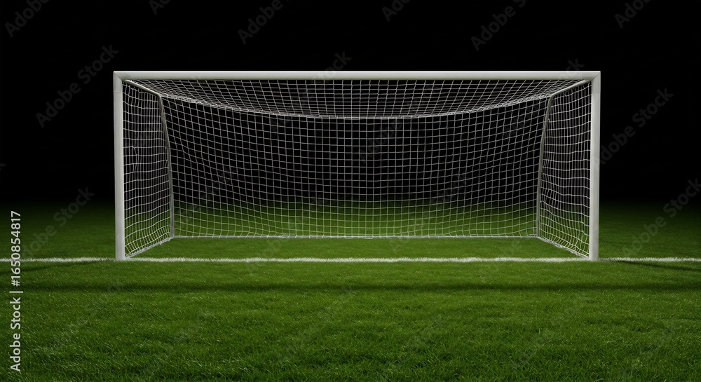 Fototapeta premium A soccer goal on green grass with a white line The background is a dark void