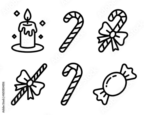 Christmas icons silhouette of candy canes candle and wrapped candy isolated on white background