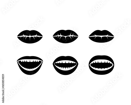 Collection of black lips and open mouth silhouettes isolated on white background