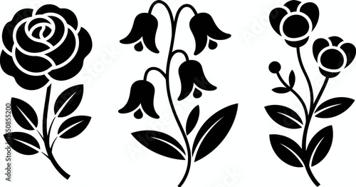 Collection of three stylized floral silhouettes including a rose bellflowers and wildflowers isolated on white background silhouette