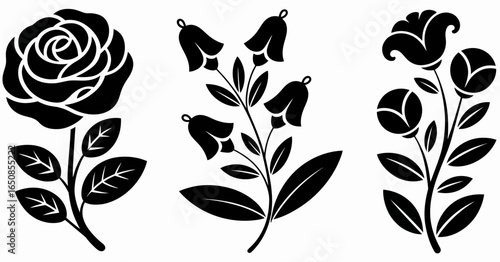 Three stylized floral silhouettes including a rose and bellflowers isolated on white background silhouette