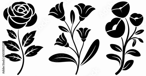 Three stylized floral silhouettes including a rose and bell shaped flowers isolated on white background silhouette