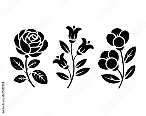 Collection of stylized floral silhouettes including a rose and bell flowers isolated on white background silhouette