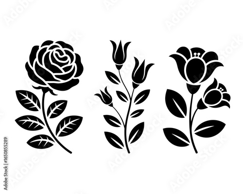 Collection of stylized floral silhouettes including a rose and bell shaped flowers isolated on white background silhouette