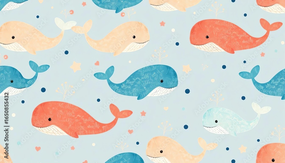 Adorable hand-drawn whale seamless pattern for kids' clothing & nursery decor, background, cute whale Adorable hand-drawn whale seamless pattern for kids' clothing & nursery decor, background, cute whale