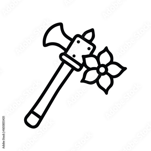 Stylized line art of a tomahawk axe adorned with a simple flower
