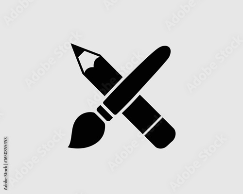Black silhouette of a pencil and paintbrush crossed isolated on white background