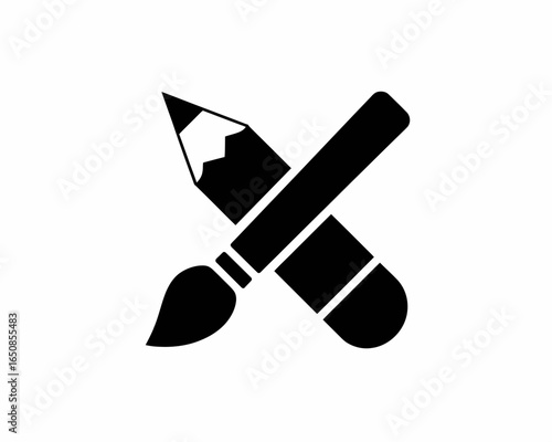 Black silhouette of crossed pencil and paintbrush isolated on white background