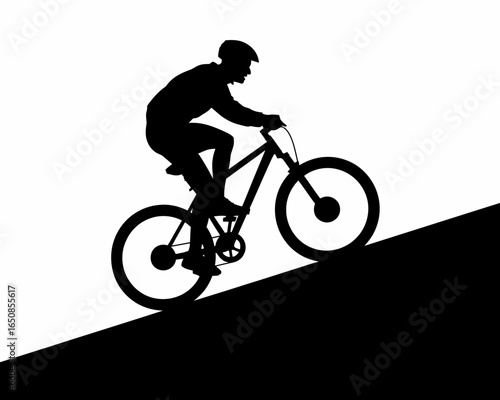 Mountain biker riding uphill in silhouette isolated on white background