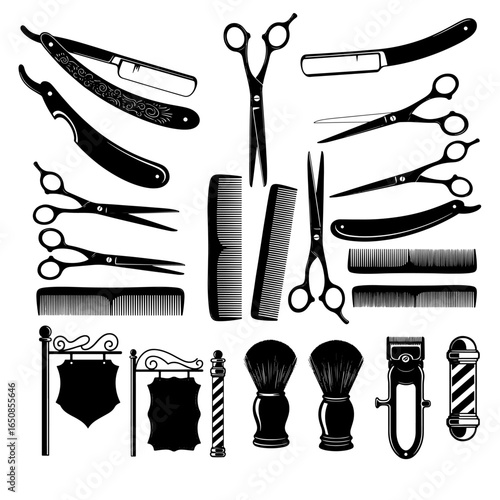Collection of black barber shop tools including straight razors scissors combs brushes and pole