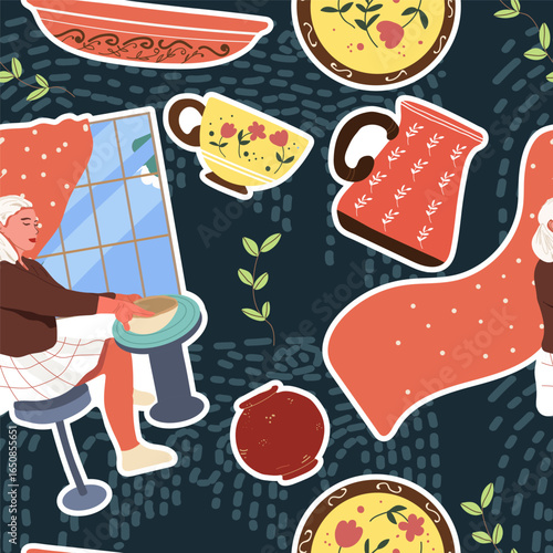 Pottery, workshop, ceramics, dishes seamless pattern in flat design. Hand drawn vector illustration.
