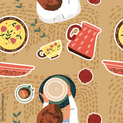 Pottery, workshop, ceramics, dishes seamless pattern in flat design. Hand drawn vector illustration.