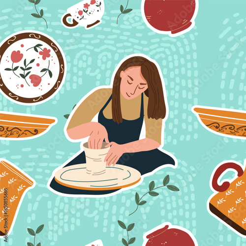 Pottery, workshop, ceramics, dishes seamless pattern in flat design. Hand drawn vector illustration.