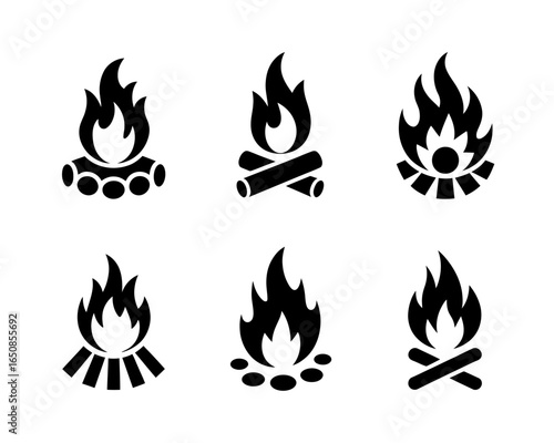 Collection of six distinct campfire and fire icons in silhouette isolated on white background