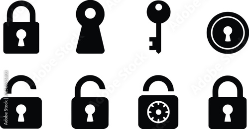 Collection of black security icons including padlocks keys and keyholes silhouette isolated on white background