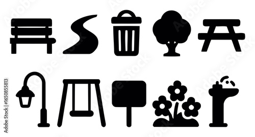 Collection of park and outdoor elements silhouettes isolated on white background