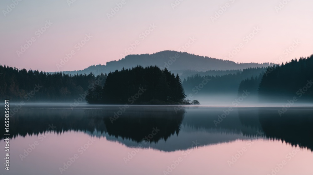 Obraz premium Misty lake sunrise reflection