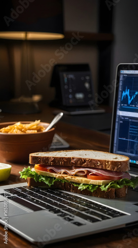 Workspace Meal: A laptop sits open with market data displayed, sharing space with a fresh sandwich and a side of fries, evoking the ambiance of a focused worker taking a quick meal