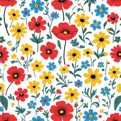 Vibrant Floral Seamless Pattern with Red Poppies, Yellow Daisies, and Blue Wildflowers on White Background