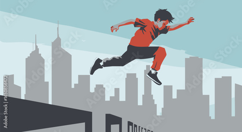 Dynamic vector illustration of a young man practicing parkour, leaping across rooftops against a modern city skyline