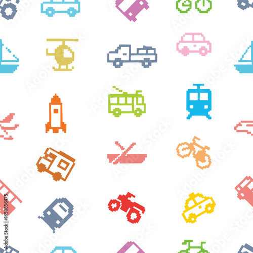 means of transportation pixel art cute colorful seamless background vector