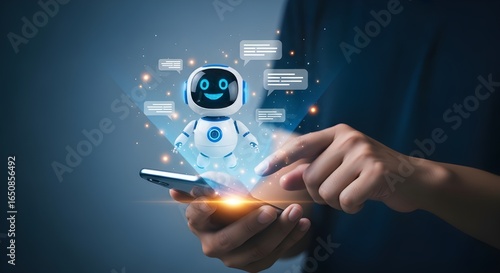 Futuristic photorealistic image of a person interacting with a smartphone projecting a cheerful AI chatbot, with digital dialogue bubbles and soft glowing light highlighting advanced communication 