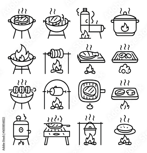 Collection of minimalist outdoor grill and barbecue icons