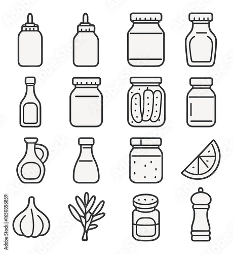 Icon set of condiments and pickles in jars and bottles with olive branch