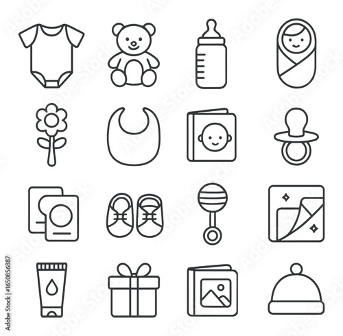 Outline icons of baby essentials: clothing, toys, feeding, and care items