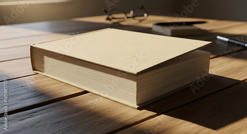 An Open Book Resting on a Wooden Table with Sunlight and Glasses