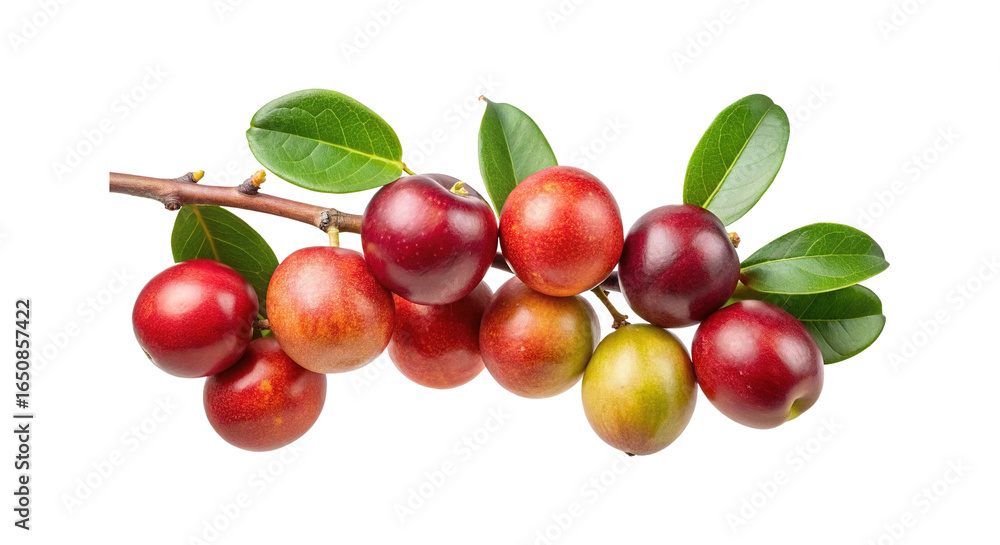Obraz premium Fresh ripe colorful plums hanging from a branch with green leaves isolated