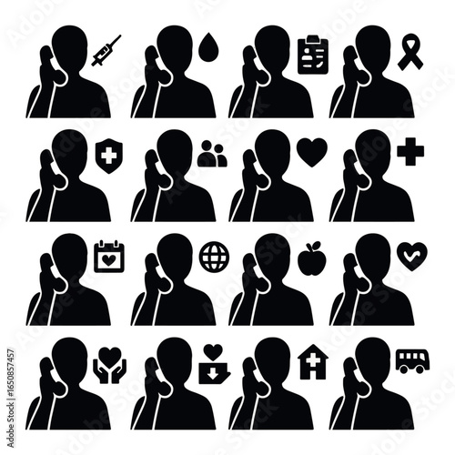 Healthcare communication icons: medical support, health, and wellness symbols