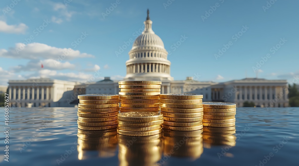 Fototapeta premium stacks of gold coins on a dark surface with the United States Capitol building in the distance, USD coins, American economy concept, created with generative ai